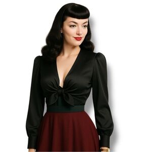 Wayf Top Black Tie Front Alcott Knot Silk Satin Crop Longsleeve Size XS NWOT‎